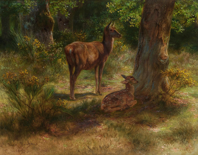 Hert en jong in een bos - Rosa Bonheur