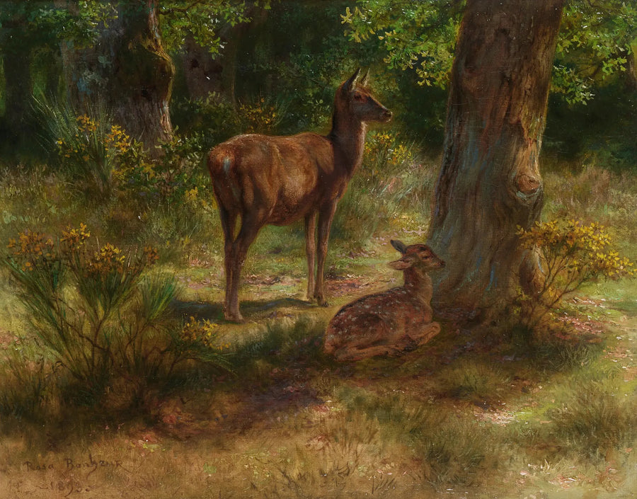 Hert en jong in een bos - Rosa Bonheur