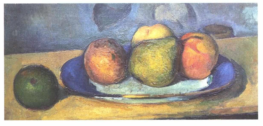 Bord met blauwe rand en fruit - Paul Cézanne