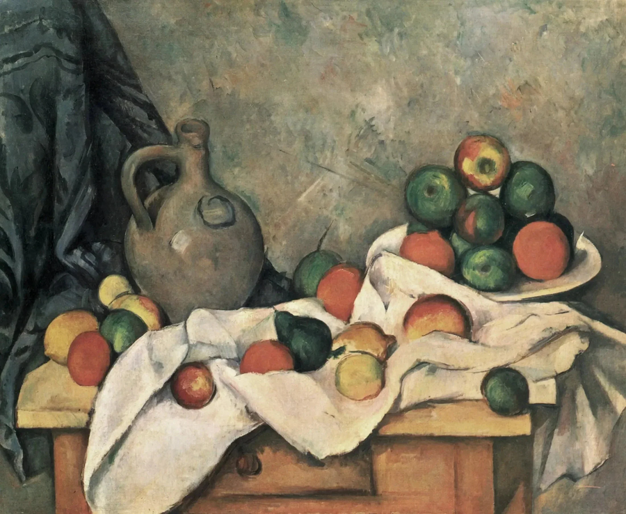 Gordijn, kruik en compote schaal - Paul Cézanne