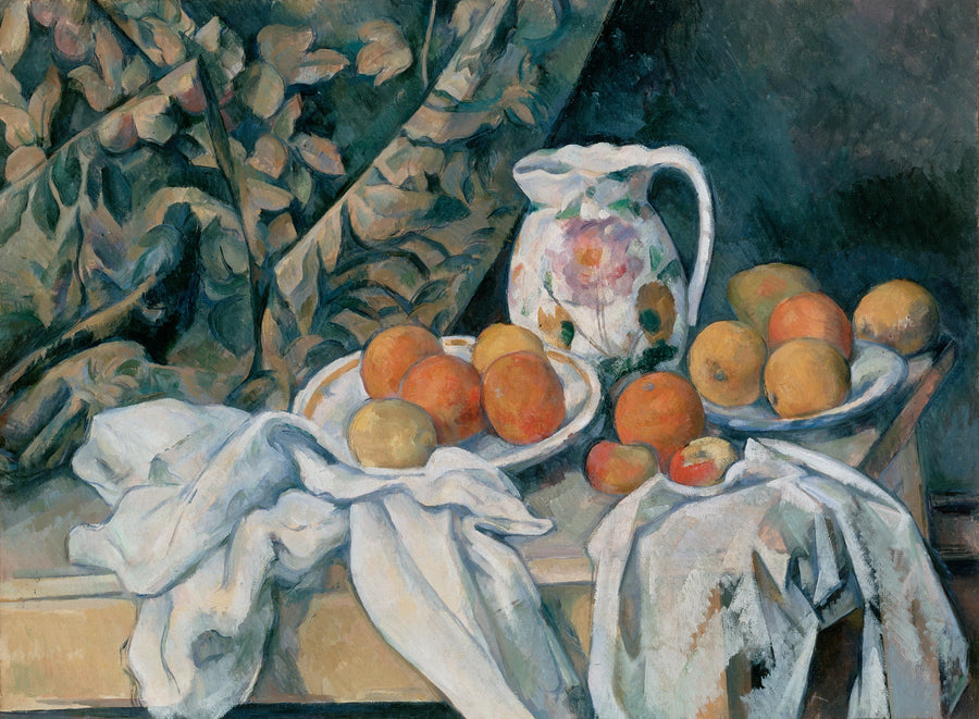 Stilleven met gordijn en bloemenkan - Paul Cézanne