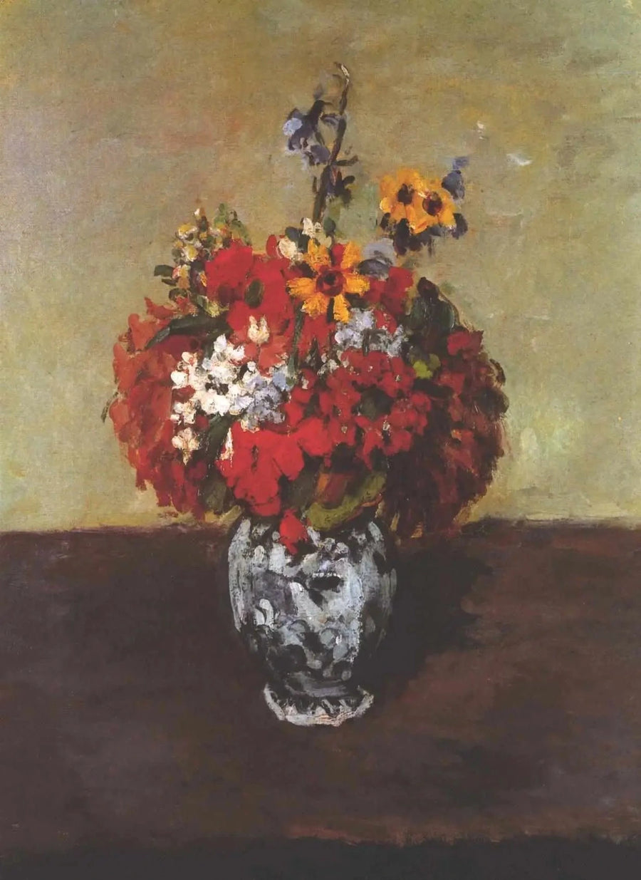 Geraniums en ridderspoor in een klein Delfts vaasje - Paul Cézanne