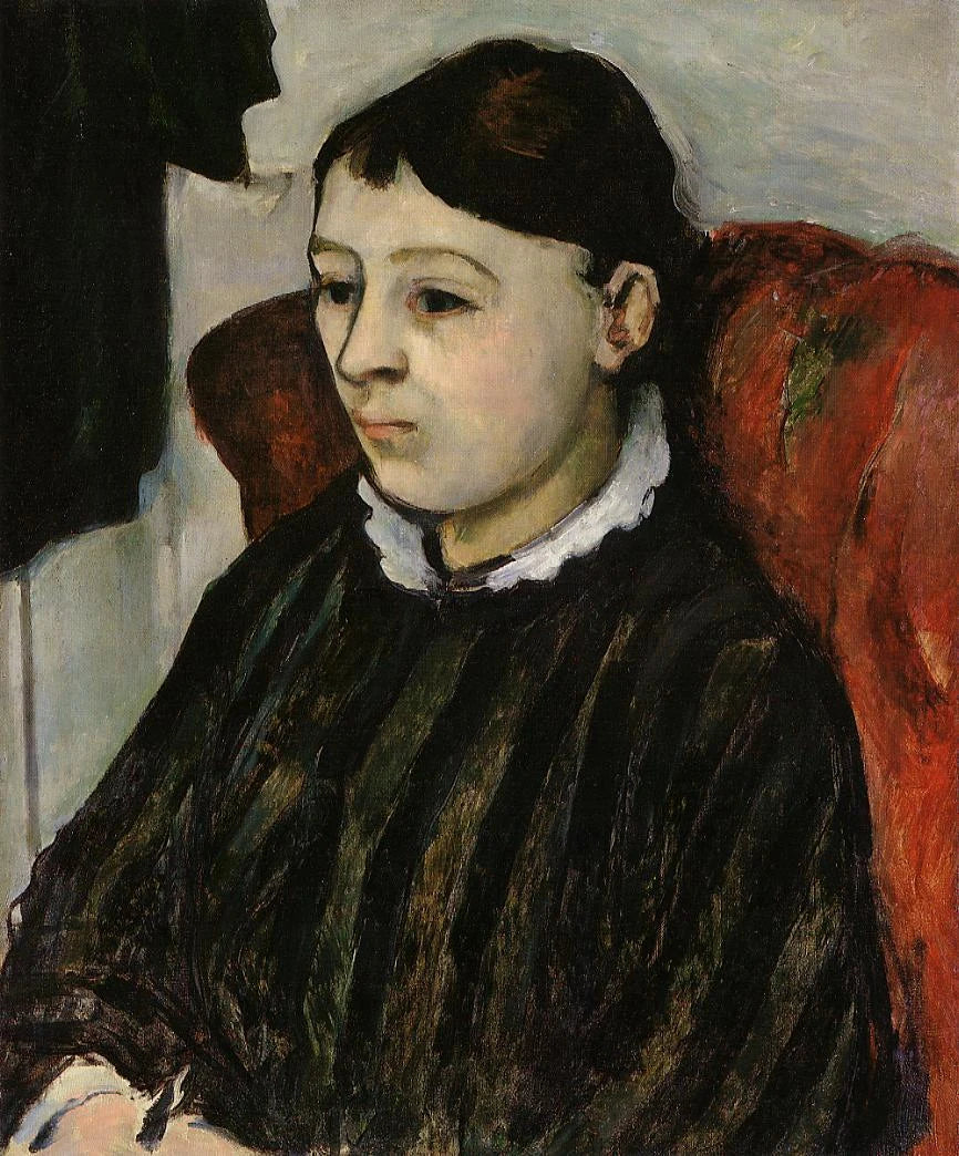 Mevrouw Cézanne in gestreepte jurk - Paul Cézanne