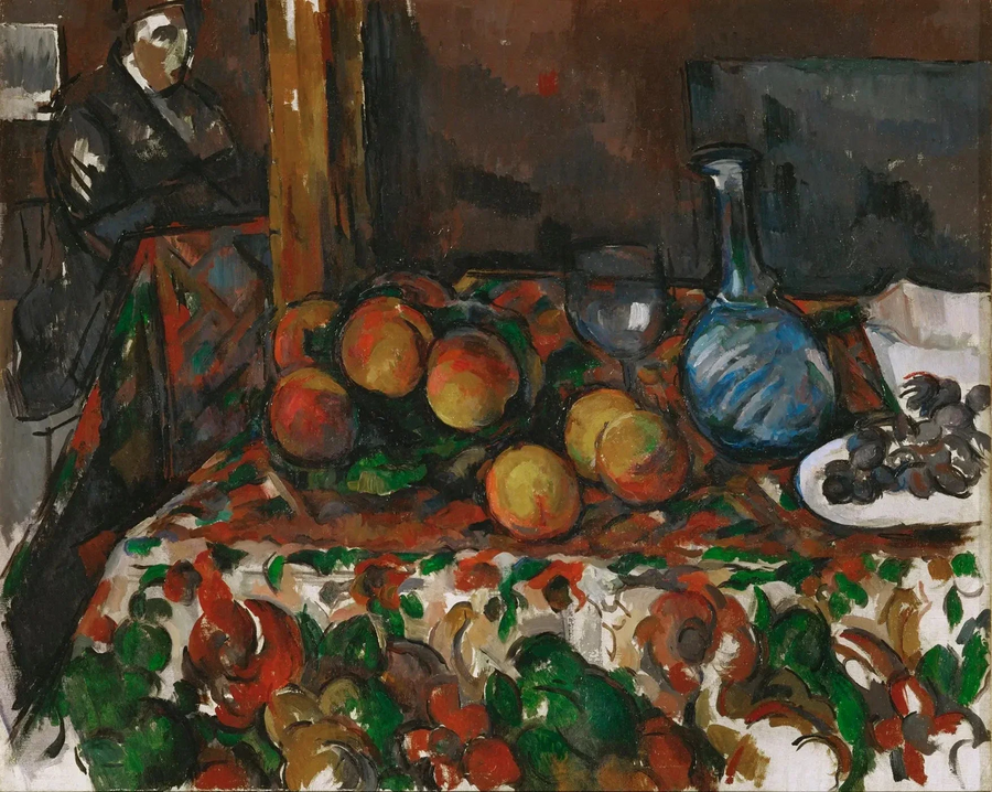 Perziken, karaf en figuur - Paul Cézanne