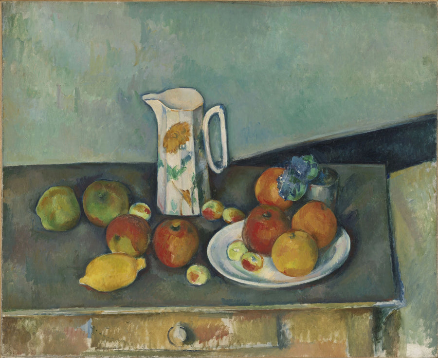 Stilleven, melkkan en fruit op een tafel - Paul Cézanne