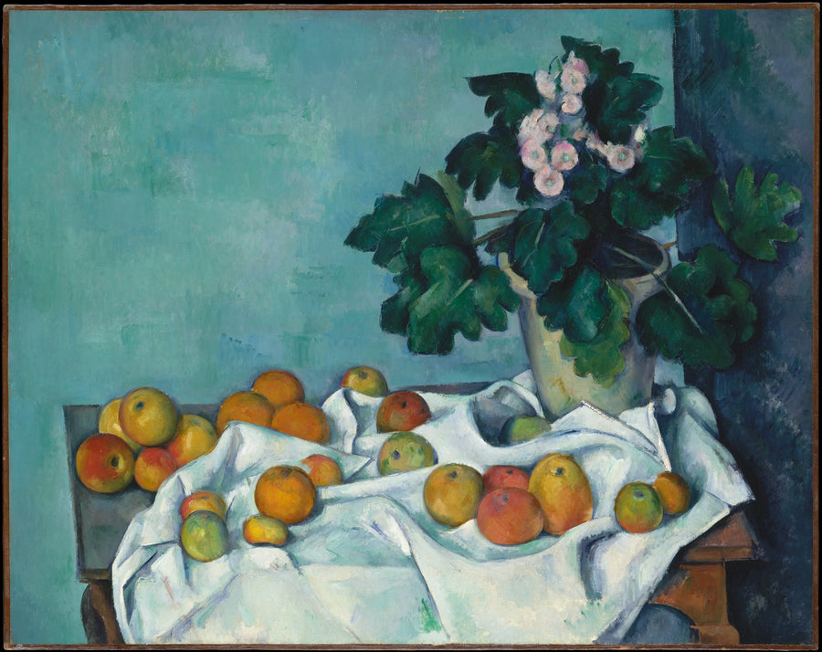 Pot met primula's en fruit op een tafel - Paul Cézanne