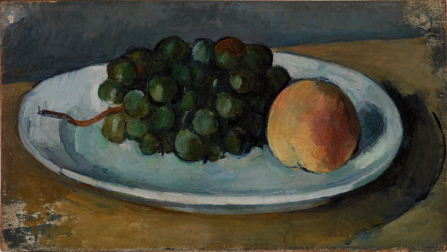 Druiventros en perzik op een bord - Paul Cézanne