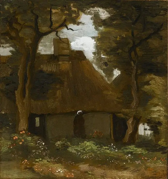 Chalet met bomen en boerin - Vincent van Gogh