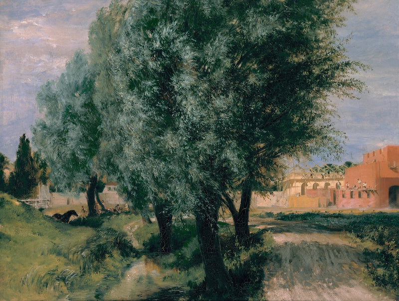 Bouwplaats met wilgen - Adolph von Menzel