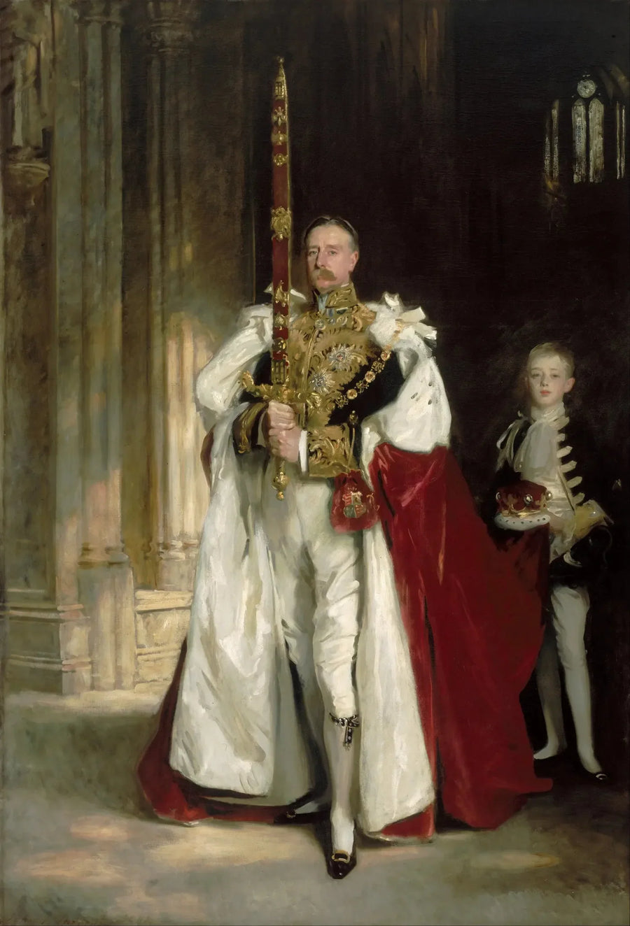 Charles Stewart, zesde markies van Londonderry, met het grote staatszwaard tijdens de kroning van koning Edward VII, in augustus 1902, en de heer W. C. Beaumont, zijn page bij deze gelegenheid - John Singer Sargent