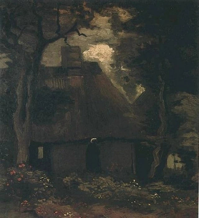 Chalet met bomen en boerin - Vincent van Gogh