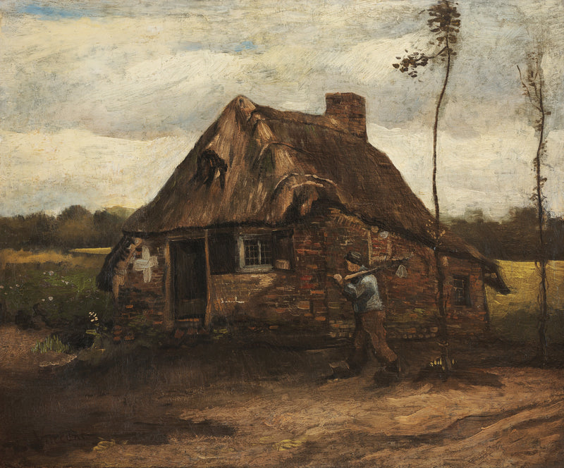 Scène van een cottage met een boer die naar huis terugkeert - Vincent van Gogh