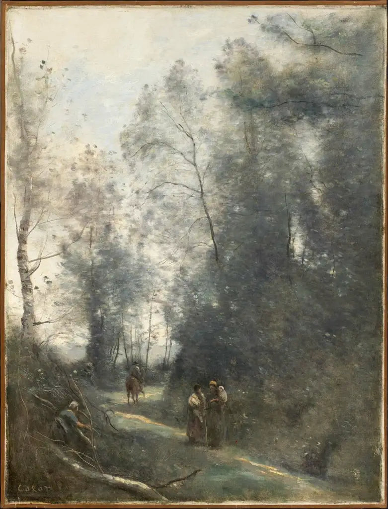 Bochtige weg met drie boeren en een ruiter - Jean-Baptiste Camille Corot