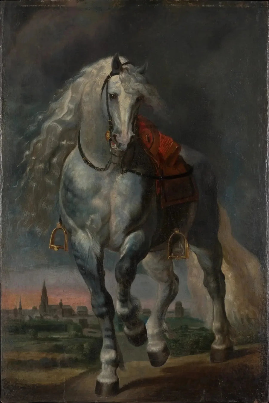 Wit paard dat dravend over een plat landschap rijdt voor een stad - Peter Paul Rubens