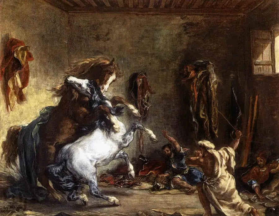 Arabische paarden vechten in een stal - Eugène Delacroix