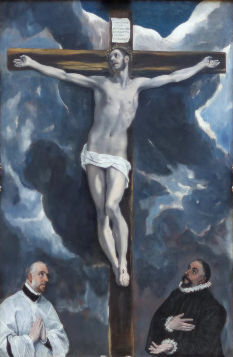 Christus aan het kruis vereerd door twee donateurs - El Greco