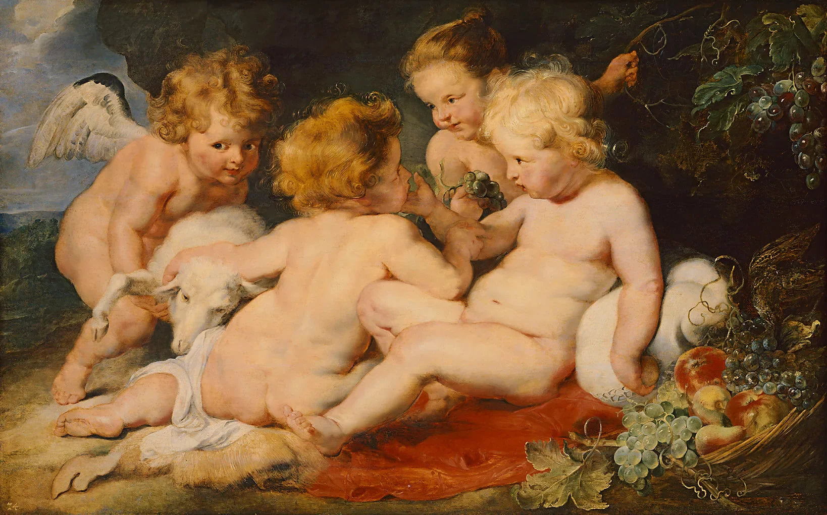 Christ et Jean-Baptiste enfants et deux anges - Frans Snyders image 1 copie peinte à la main à l’huile