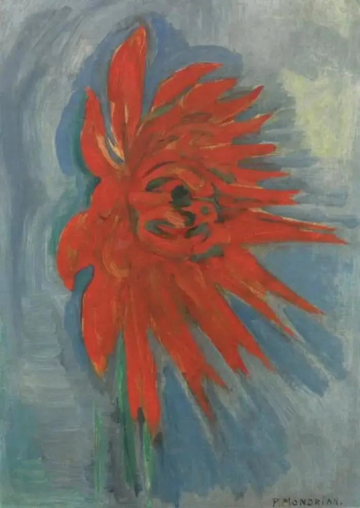 Rode chrysant op blauwe achtergrond - Piet Mondrian