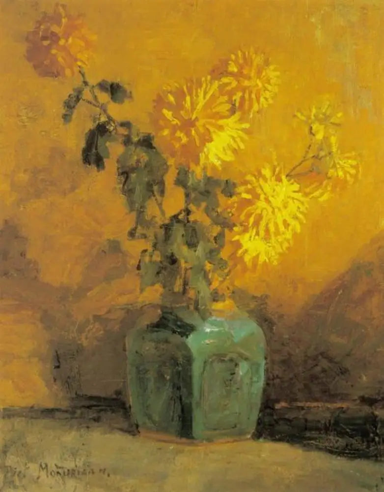 Gele chrysanten in een gemberpot - Piet Mondrian