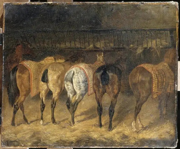 Vijf paarden gezien vanuit de achterkant in een stal - Théodore Géricault