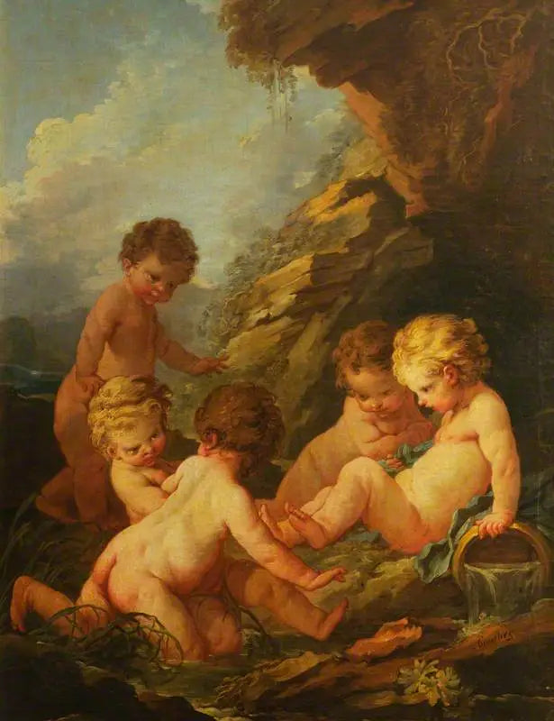 Vijf naakte kinderen die spelen aan de rand van een rotszwembad - François Boucher
