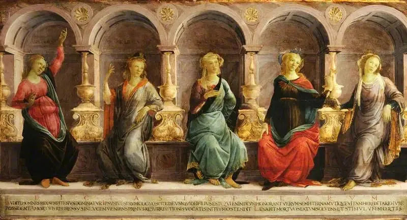 Vijf sibyllen zittend in nissen: de Babylonische, de Libische, de Delphische, de Cimmerische en de Erythreïsche - Sandro Botticelli
