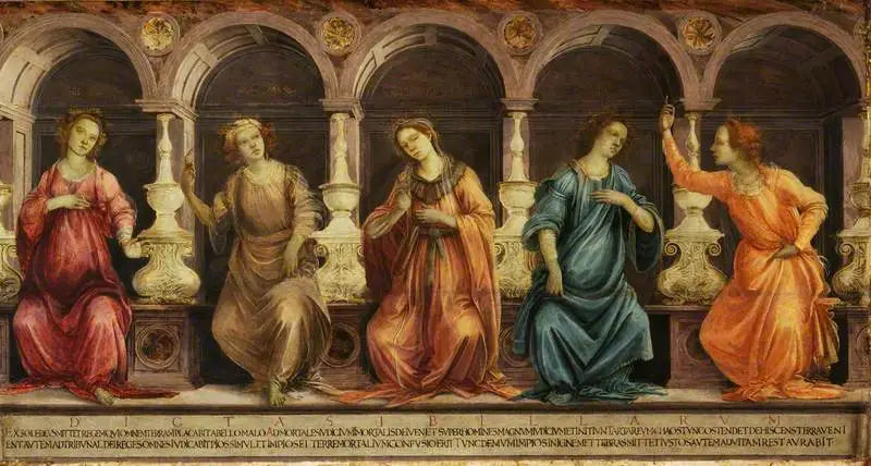 Vijf sibillen zittend in nis: de Samische, de Cumeense, de Hellespontische, de Phrygische en de Tiburtine - Filippino Lippi
