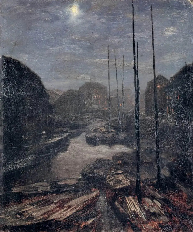 Maanlicht op de Friedrichskanal in het oude Berlijn - Adolph von Menzel