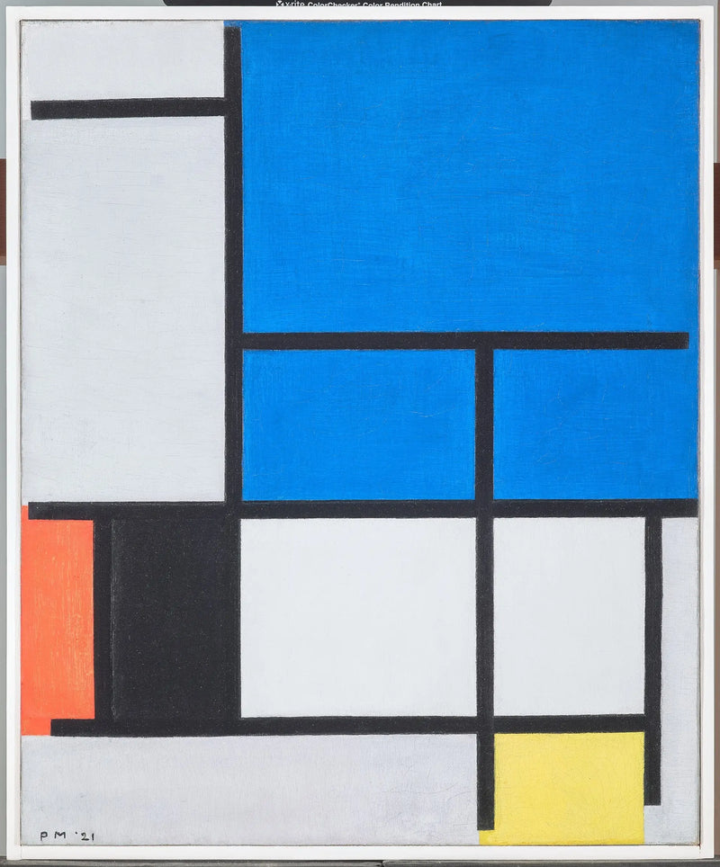 Compositie met een groot blauw, rood, zwart, geel en grijs vliegtuig - Piet Mondrian