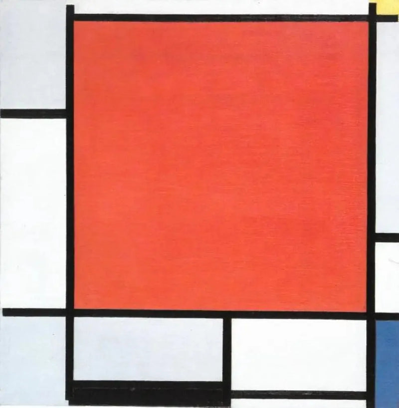 Compositie met een groot rood vliegtuig, blauwgrijs, geel, zwart en blauw - Piet Mondrian