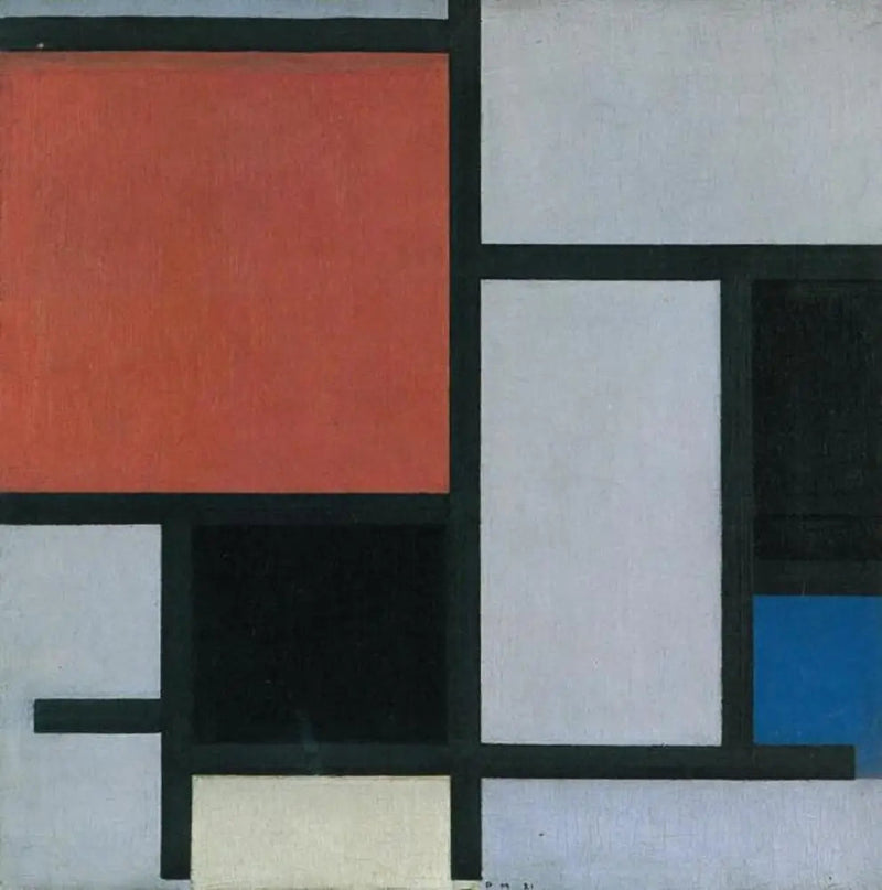 Compositie met een groot rood, zwart, blauw, geel en grijs vliegtuig - Piet Mondrian