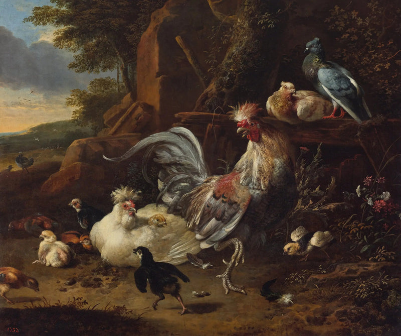 haan, kippen en andere gevogelte in een binnenplaats - Melchior de Hondecoeter