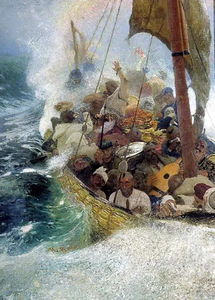 Kozakken op de Zwarte Zee. Zaporozhese Kozakken op een chaika tijdens een storm. - Ilya Repin