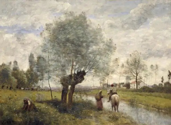 Coubron. Cavalier te paard op een weg naast een wilg - Jean-Baptiste Camille Corot
