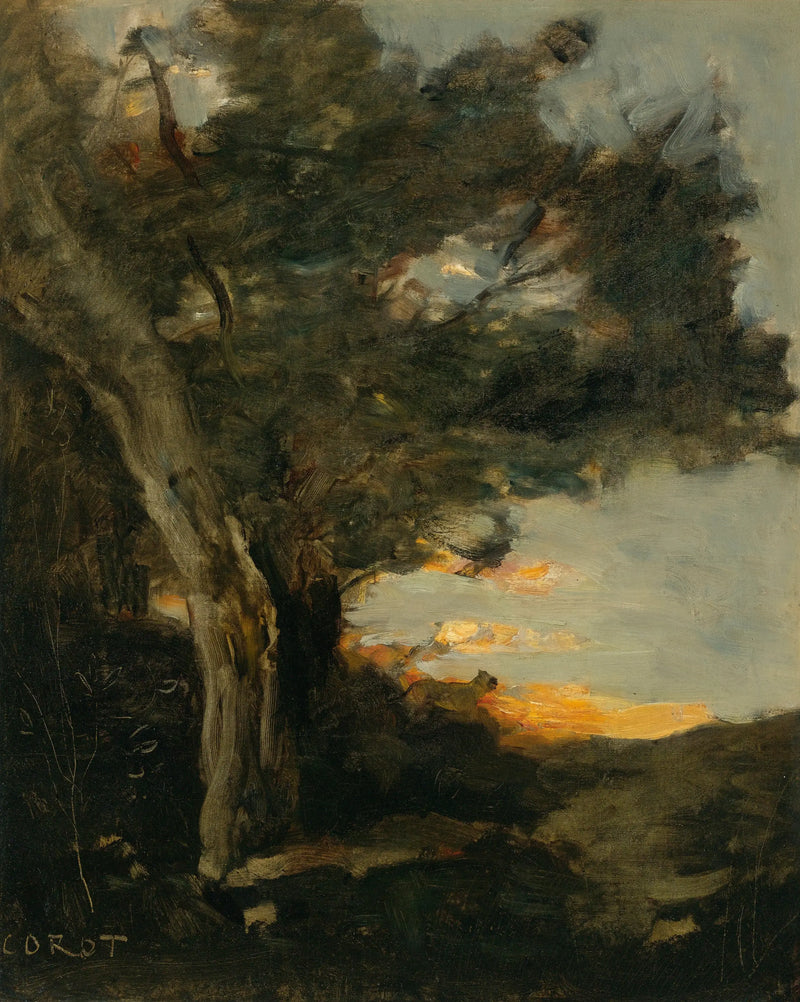 Zonsondergang met een leeuwin - Jean-Baptiste Camille Corot