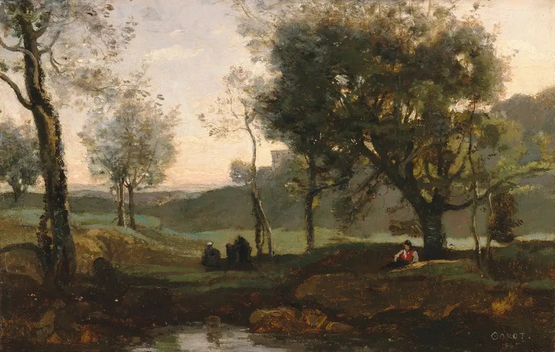Zonsondergang: personages onder de bomen - Jean-Baptiste Camille Corot