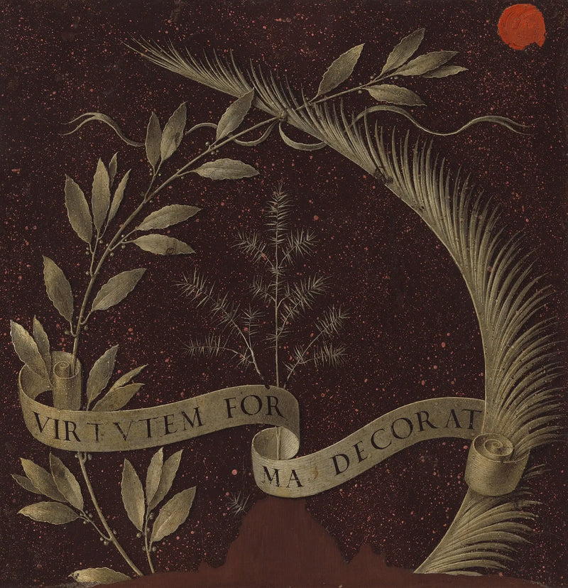 Laurier-, palm- en jeneverbeskrans met een perkament met de inscriptie Virtutem Forma Decorat [achterkant] - Leonardo da Vinci