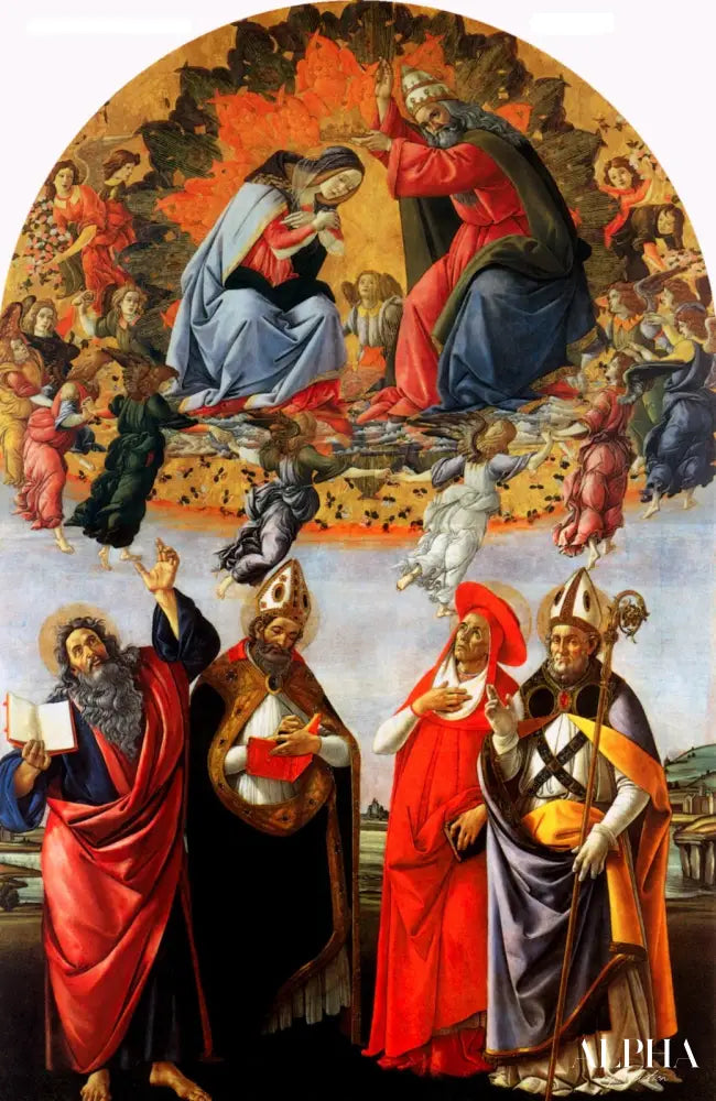 Couronnement de Marie avec Saint Jean l'évangéliste, Augustin, Jérôme et Eligius  - Sandro Botticelli - Reproductions de tableaux et peintures haut de gamme