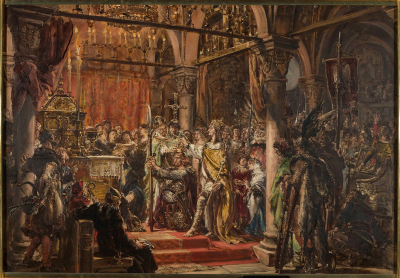 Kroon van de eerste koning, 1001 na Christus, uit de serie « Geschiedenis van de beschaving in Polen » - Jan Matejko

Source:
Couronnement du premier roi, 1001 après J.-C., de la série « Histoire de la civilisation en Pologne » - Jan Matejko