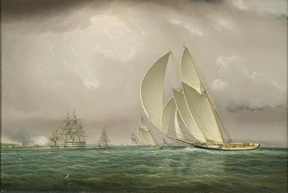 Course de yachts dans le port de New York avec salut naval au château William sur l'île du Gouverneur - James E. Buttersworth image 1 copie de tableau peinte à la main