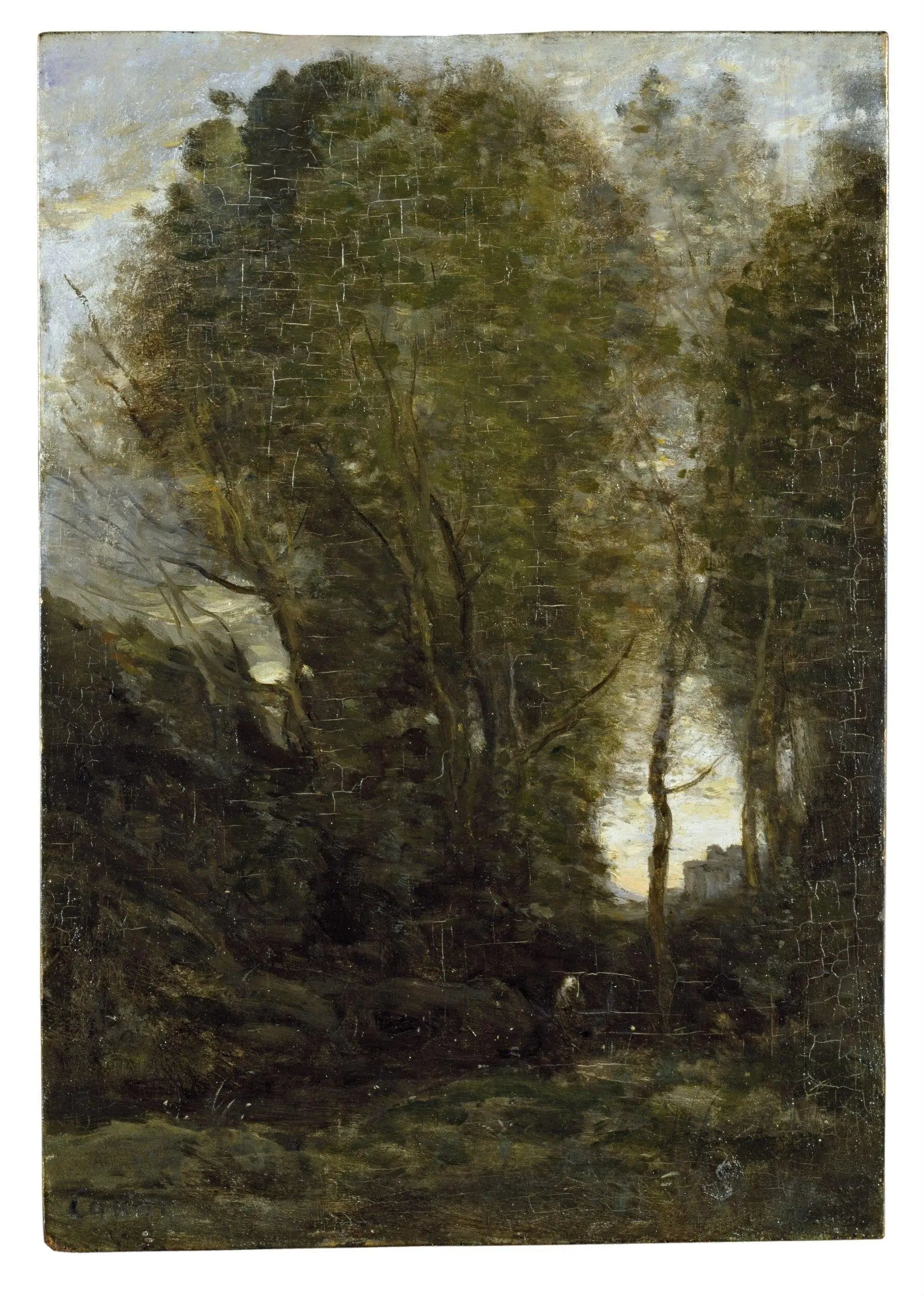 Crépuscule: Paysage avec de grands arbres et une figure féminine - Jean-Baptiste Camille Corot - Alpha Reproduction