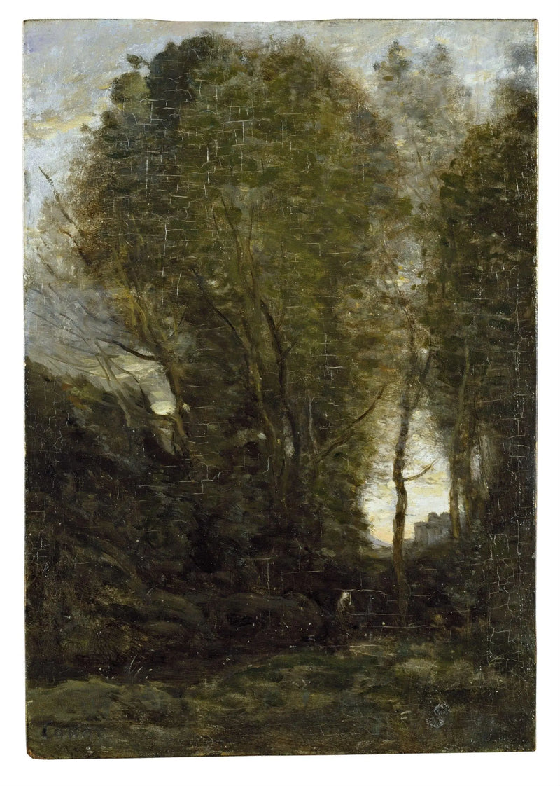 Schemering: Landschap met grote bomen en een vrouwelijke figuur - Jean-Baptiste Camille Corot