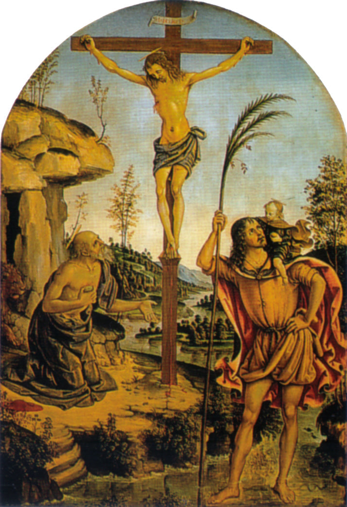 Kruisiging tussen de heiligen Hiëronymus en Christophorus - Pinturicchio
