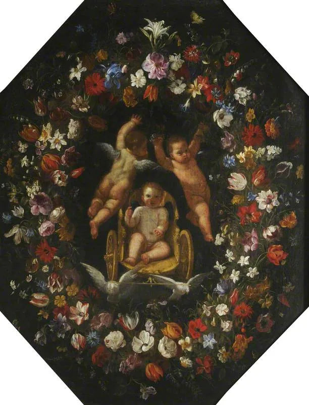 Cupido in een strijdwagen, omringd door een bloemenkrans - Domenichino