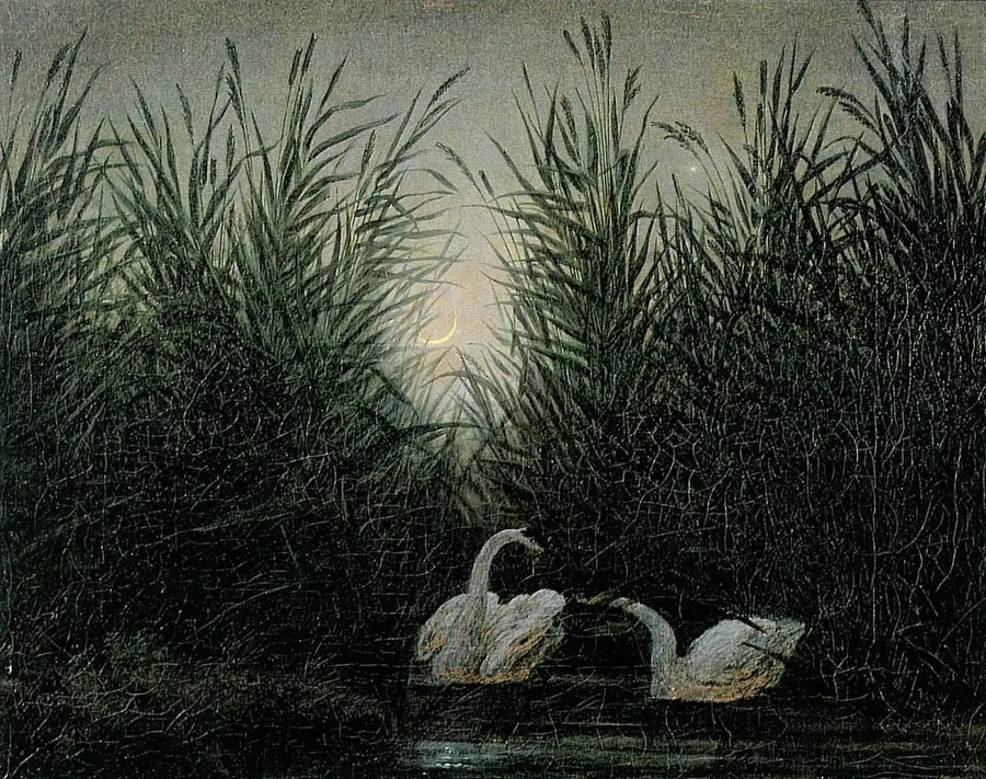 Zwanen in het riet bij de eerste stralen van de dageraad - Caspar David Friedrich