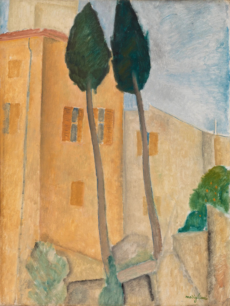 Cipressen en huizen in Cagnes - Amedeo Modigliani