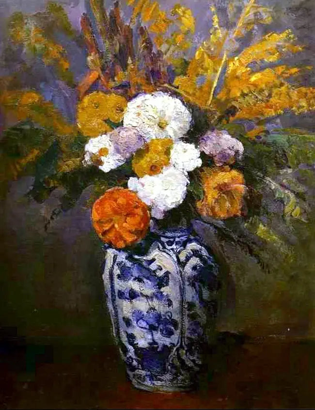 Dahlia's in een grote Delftse vaas - Paul Cézanne