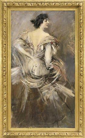 Dame in bruin avondjurk - Giovanni Boldini