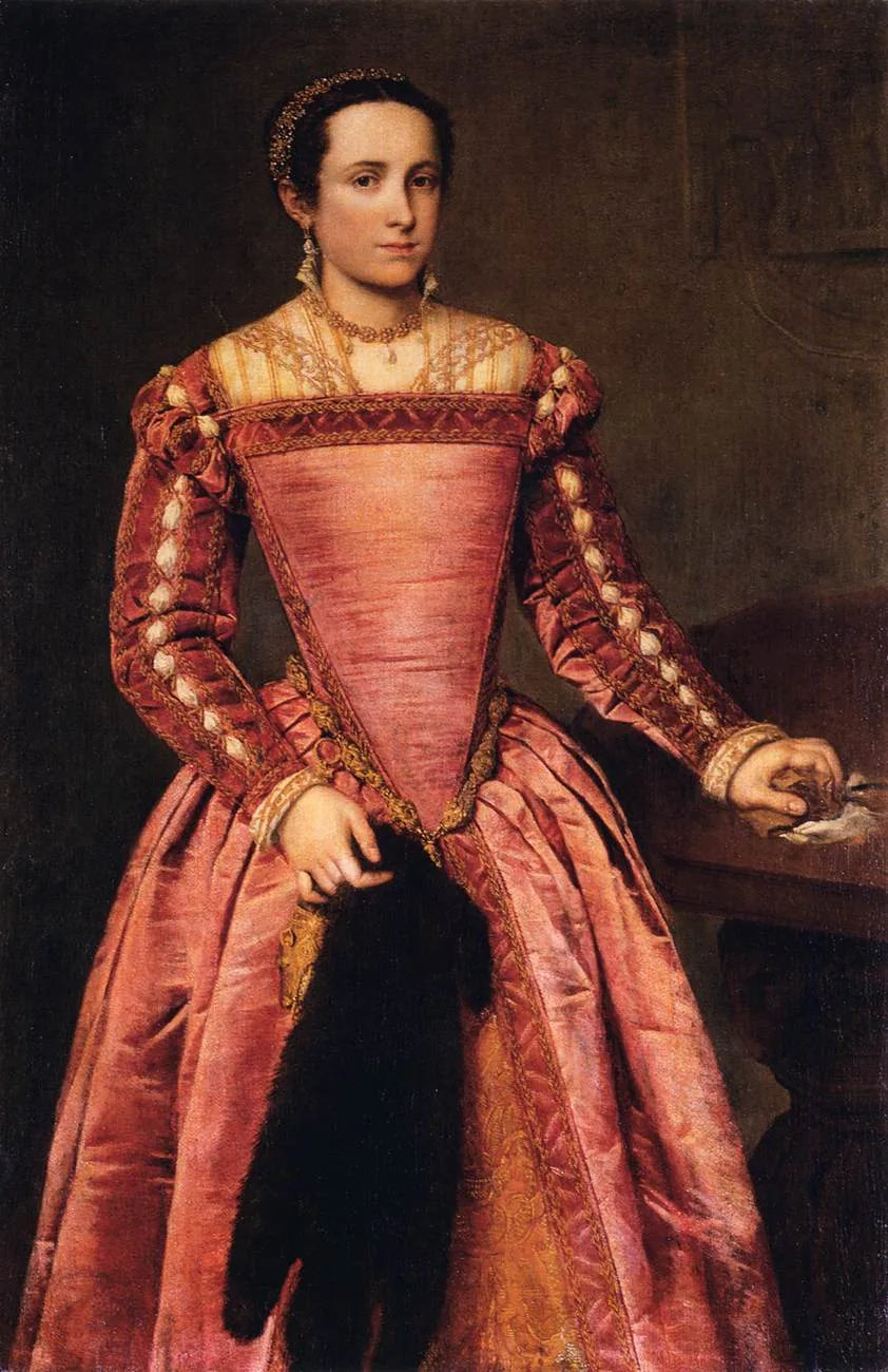 Dame in rode jurk - Giovanni Battista Moroni