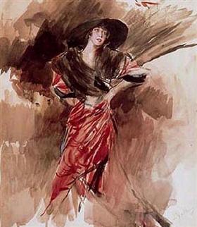 Dame in rode jurk - Giovanni Boldini